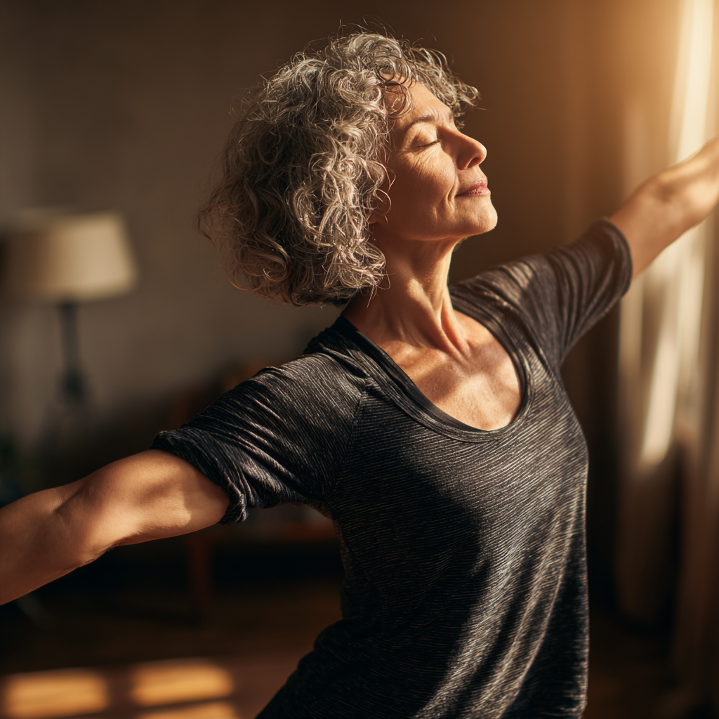 Middle-aged woman practicing gentle yoga poses in natural lighting