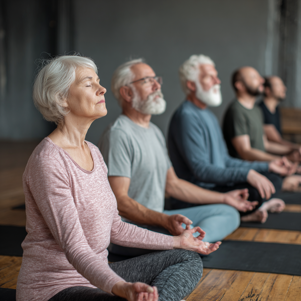 Older adults practicing gentle yoga in peaceful group setting